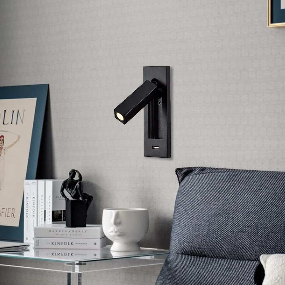BRILLRAYDO 3W LED Recessed Mount Directional Spotlight Bedside Reading Light Hidden Button Adjustable Picture Project USB Charging Port Black