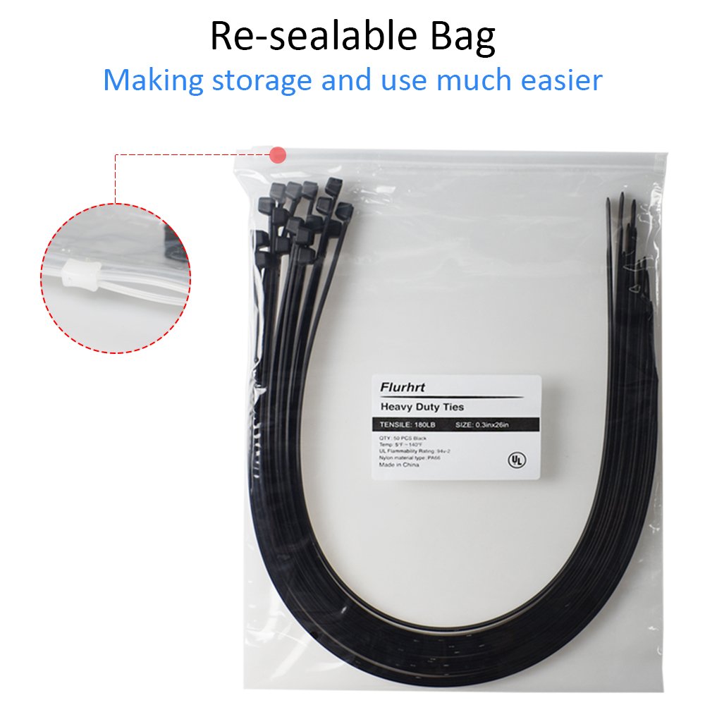 Cable Zip Ties Heavy Duty 26 Inch, Ultra Strong Plastic Wire Ties with 180 Pounds Tensile Strength, 50 Pieces, Durable Nylon Black tie Wraps, Indoor