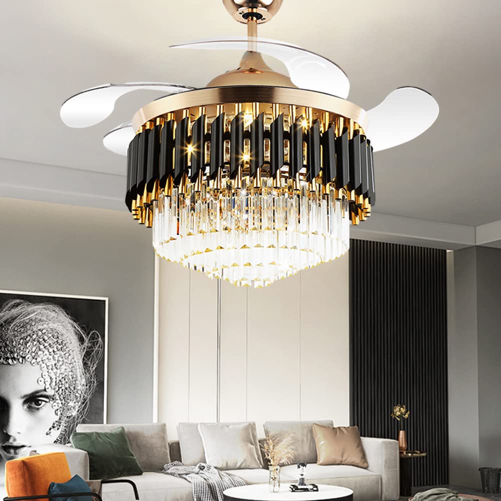 KPIBEST Chandelier Ceiling Fan with Remote Control 3 Speeds, 43 inch Luxury Crystal Fandelier Ceiling Fan with 3 Color Lights and Retractable Blade