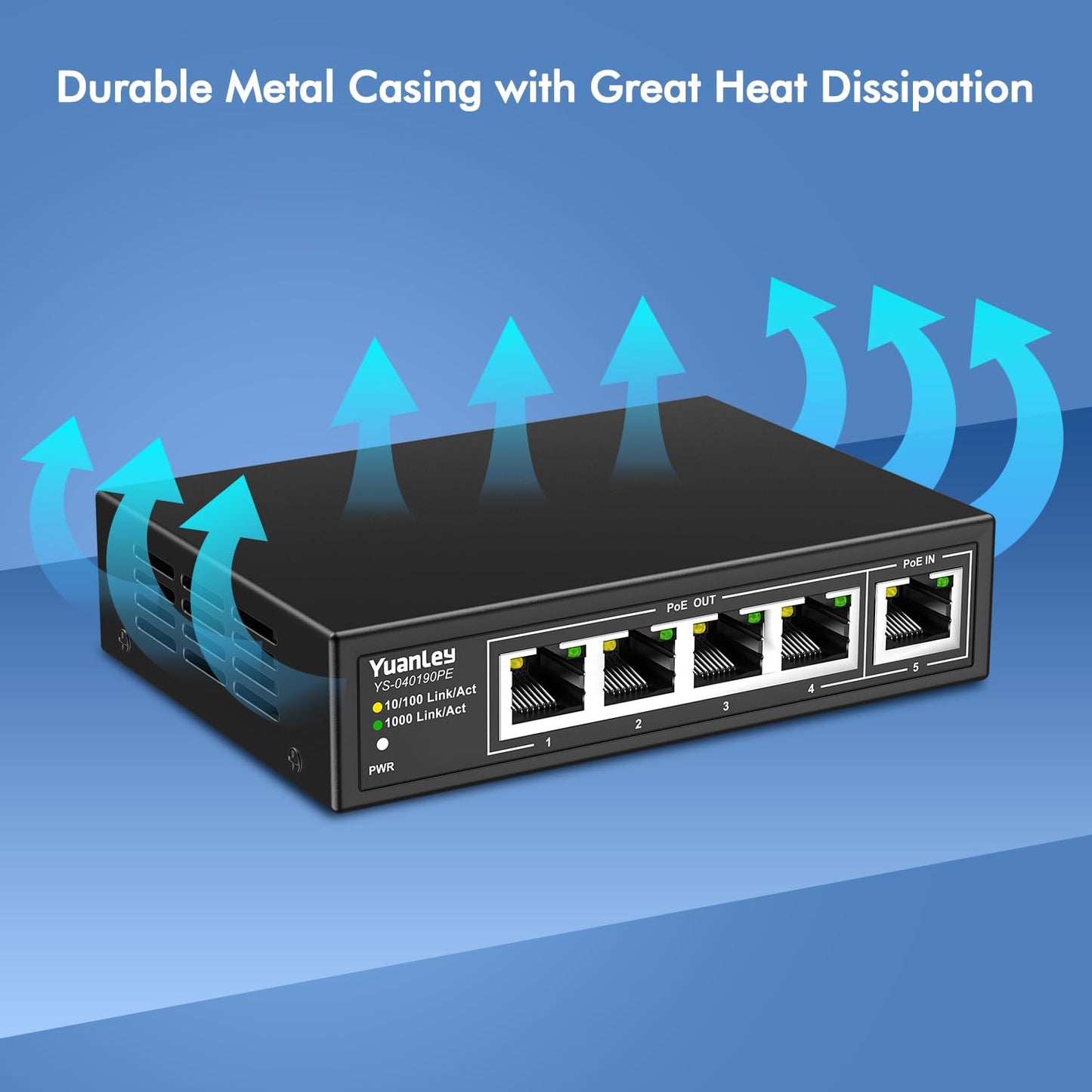 YuanLey 5 Port PoE Extender Gigabit with 4 PoE Out, 90W in, IEEE 802.3af/at/bt Mini 5 Channel Switch1000Mbps, Metal Casing, 6KV Lightning Protection