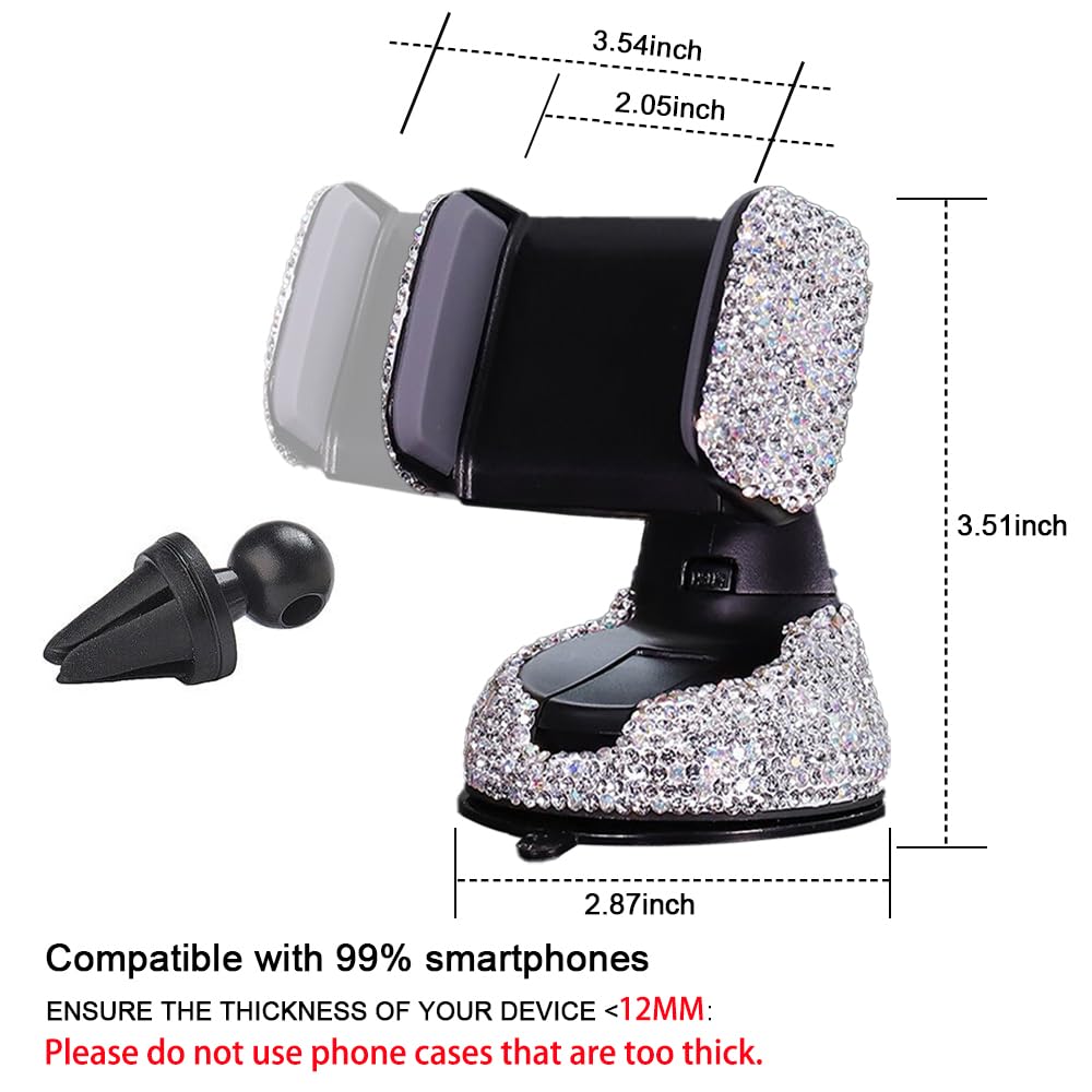 SUNCARACCL Bling Car Phone Holder, 360°Adjustable Universal Rhinestone Crystal Auto Phone Mount Stand Accessories for Windshield Dashboard and Air
