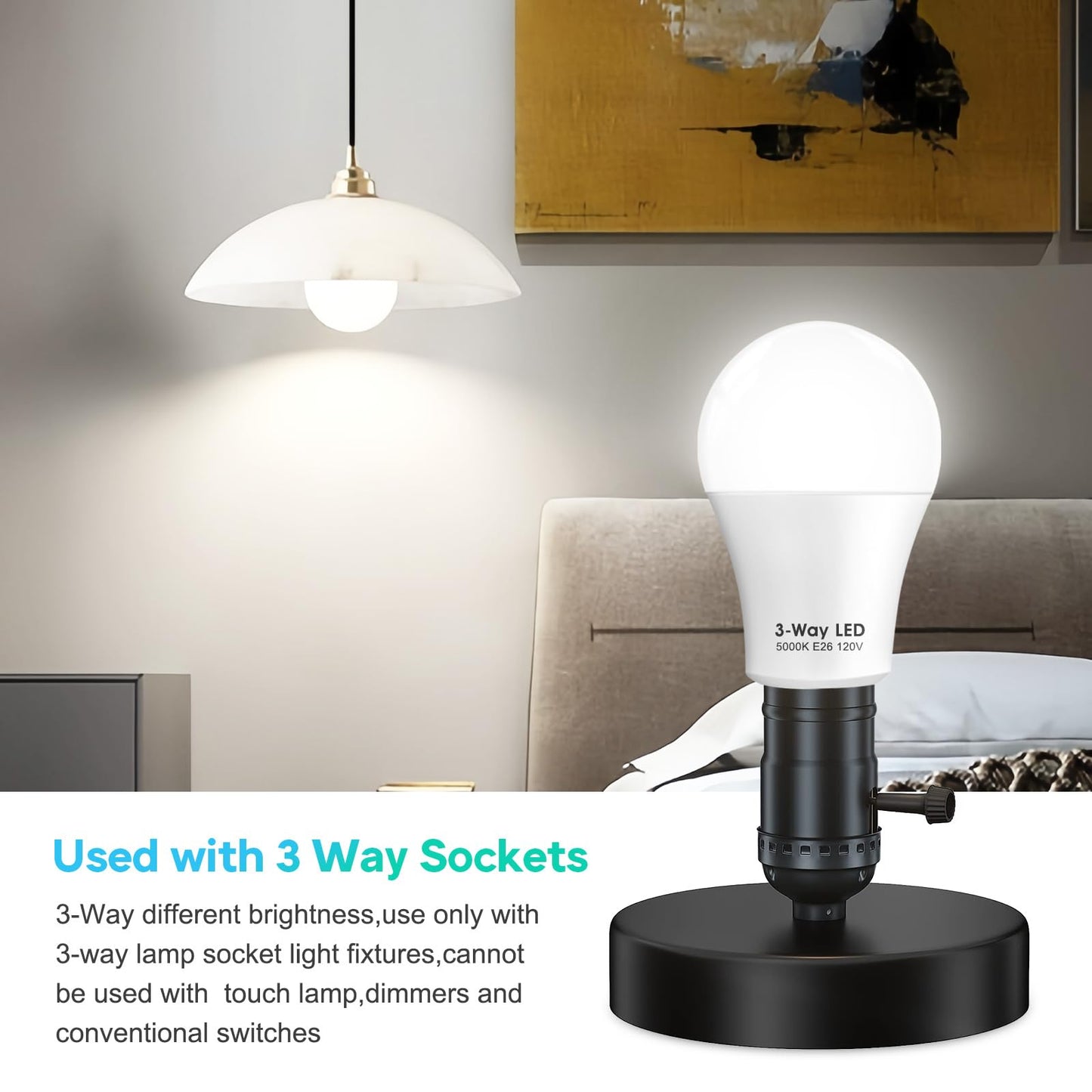 Gonhom ETL Listed 3 Way LED Light Bulbs Daylight White 5000K,30 70 100W Equivalent 3 Way Light Bulbs, A19 E26 Medium BaseThree Way Light Bulb,Perfect