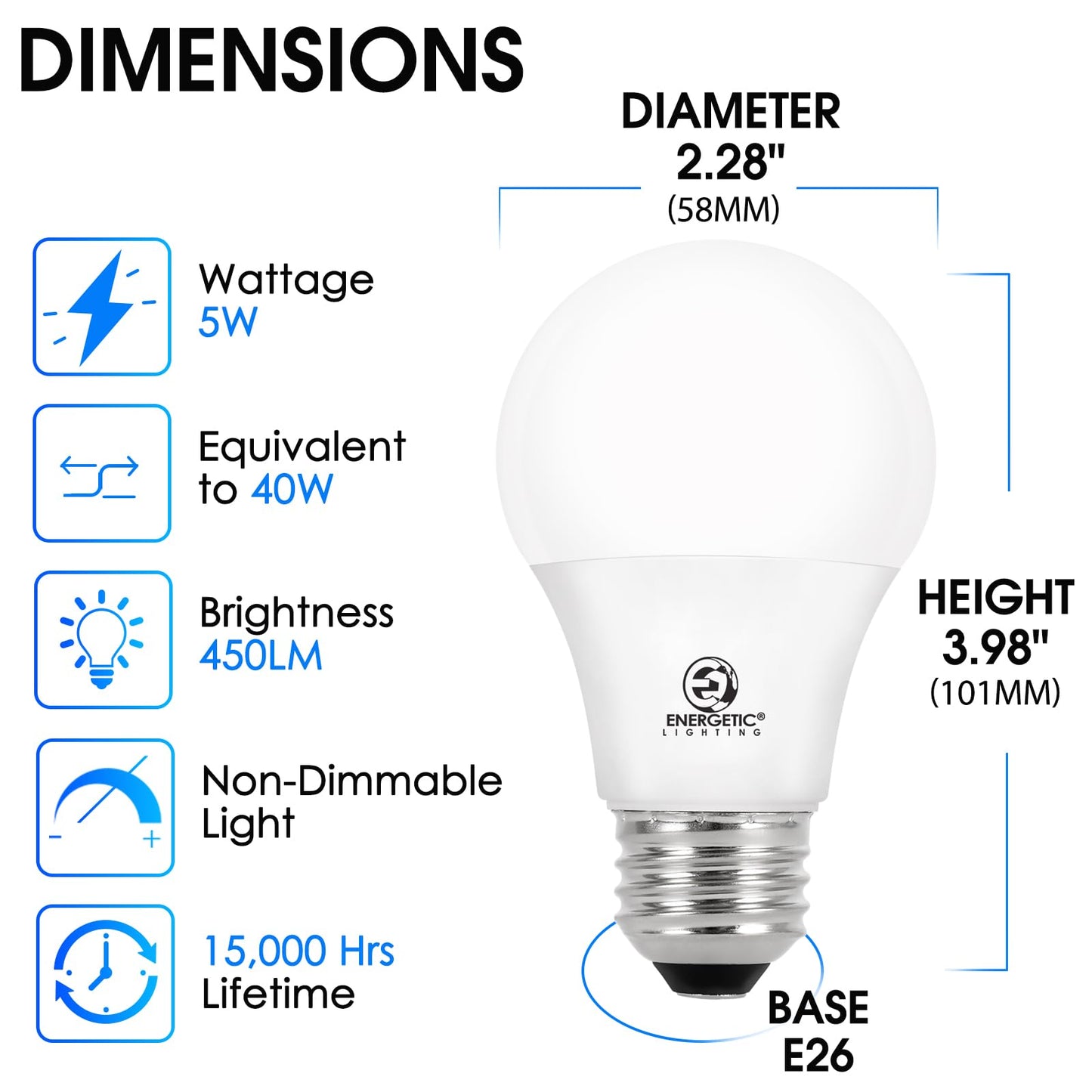 Energetic Lighting 40W Equivalent A19 LED Light Bulb, Warm White 3000K, E26 Standard Base, ETL Listed, Non-Dimmable LED Light Bulb, 4-Pack