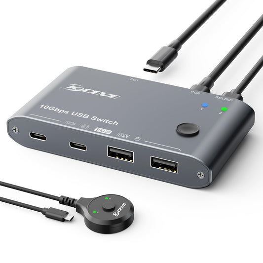 10Gbps USB C Switcher 2 Laptops Type-C Switch for Keyboard Mouse Camera Headphone Microphone, USB Switch with 10Gbps Data Cables and Wired Remote