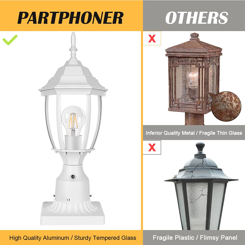 PARTPHONER Dusk to Dawn White Outdoor Post Light with Pier Mount Base, Waterproof Pole Lantern Light Fixture, Exterior Lamp Post Lantern Head