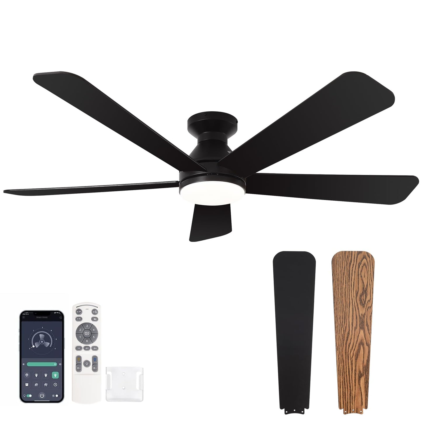MOSSCO 52 Inch Black Low Profile Flush Mount Ceiling Fan with Light, Remote/APP Control, 3 CCT Dimmable, Noiseless DC Motor, Reversible, 6 Speed
