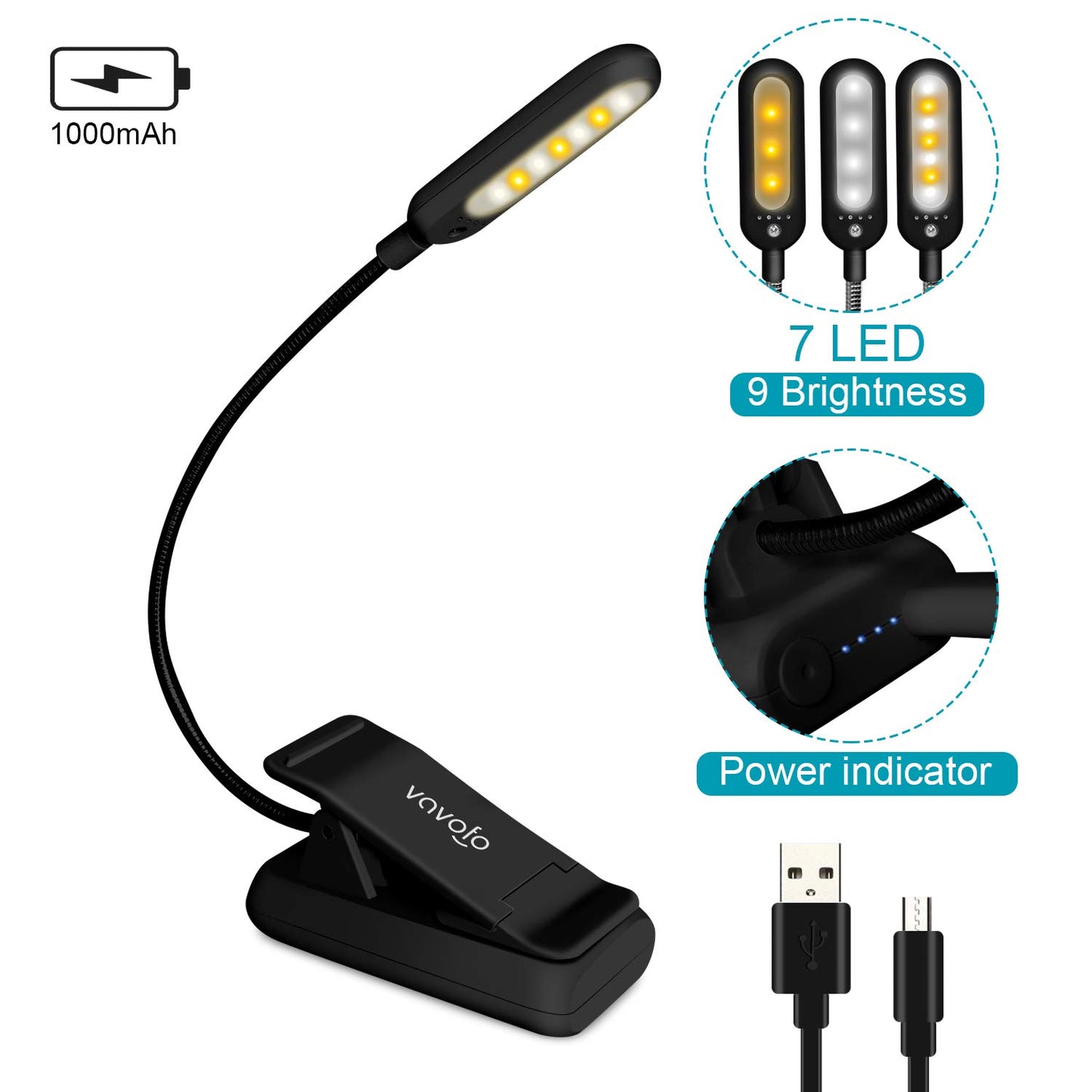 VAVOFO Rechargeable Reading Light, 7 LEDs with 9 Color Temperature 9 Brightness Levels Clip On Book Light for Reading in Bed with Power Indicator