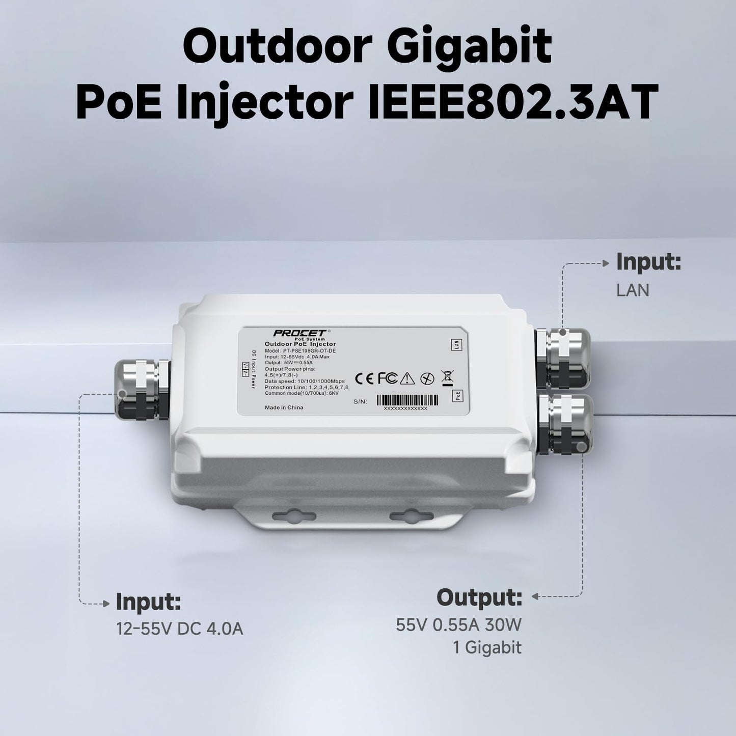 PROCET Gigabit PoE Injector 30W Outdoor IEEE802.3AT, 6KV Surge Protection, Aluminum Alloy IP67 Waterproof, Wide Temp -40? to 149? for Unifi E7, Sisco