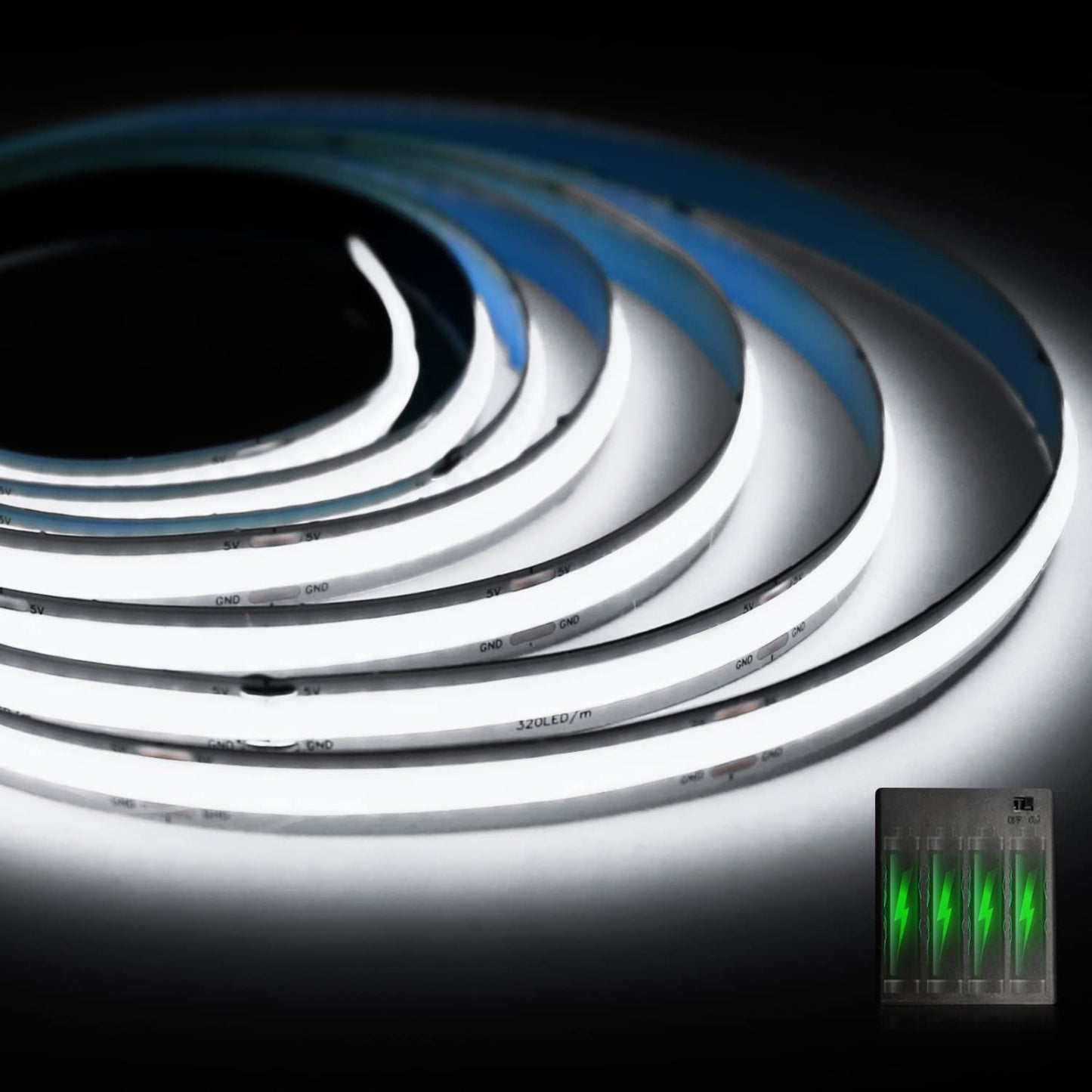 Smacen Battery Powered COB Led Strip Lights, 3.28Ft Battery Operated 6000K Cool White LED Strip Lights, High Brightness Flexible LED Tape Lights