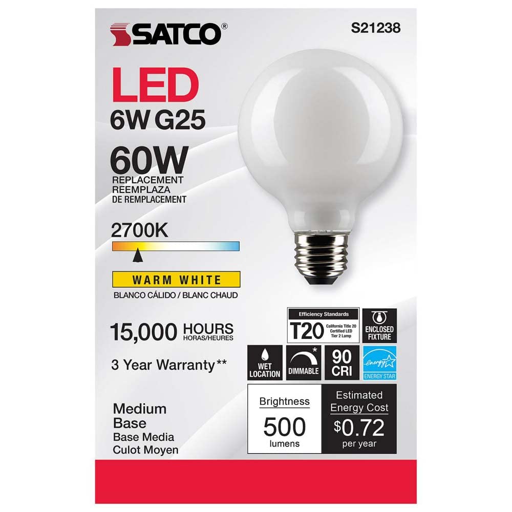 Satco 6-Watt LED E26 Light Bulb, 2700K, 15000 Hour Rating, Dimmable