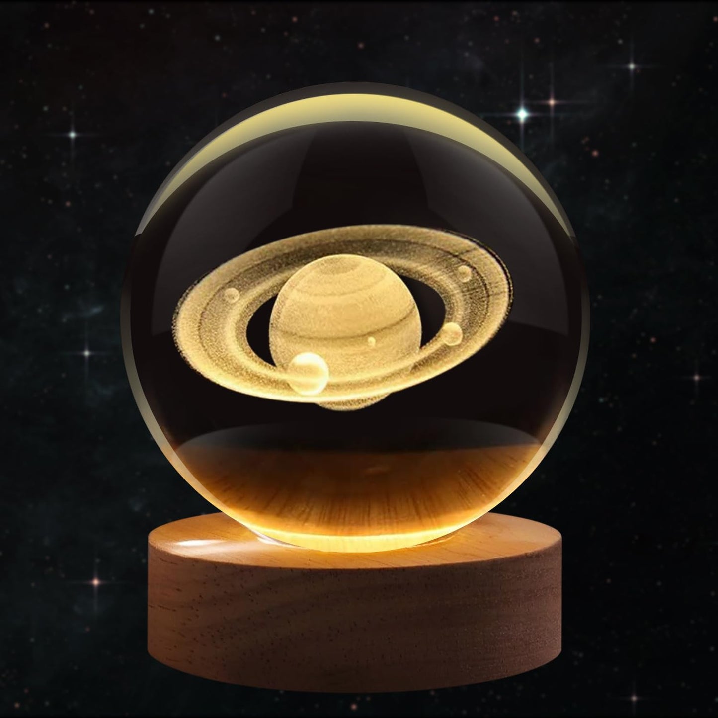 Flexzion 3D Saturn Crystal Ball Night Light - LED Light Hologram Glass Lamp w/Solid Wood Base, USB Powered Crystal Ball Lamp w/Adjustable Brightness