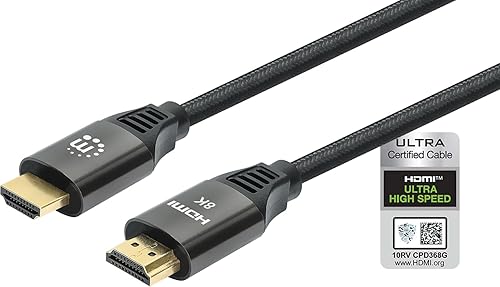 MANHATTAN 8K Ultra High Speed HDMI Cable with Ethernet - 6.6ft - Certified 2.1-4k 120hz, 8K 60hz, 48Gbps, Gold Contacts, Braided Cord -Lifetime Mfg