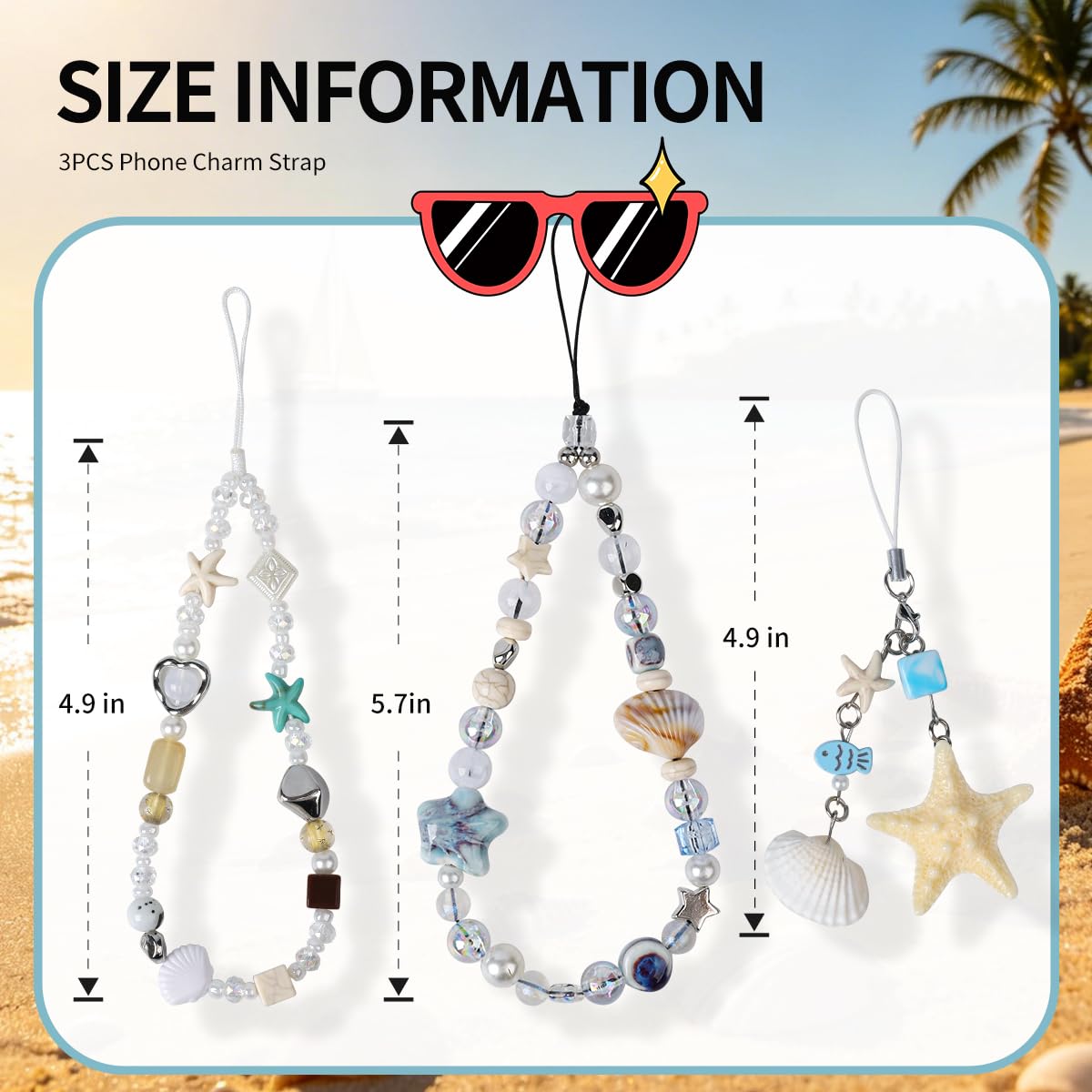 3PCS Beach Style Phone Charm Strap Chains, Hand Phone Wrist Strap Camera Lanyard,Trendy Shell, Starfish Beaded Cell Phone Lanyards for Women, Girls