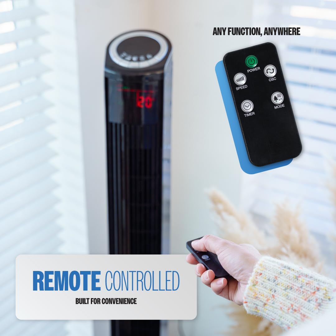 Hazel 49" Oscillating Tower Fan with Remote - Quiet 3-Speed, Black