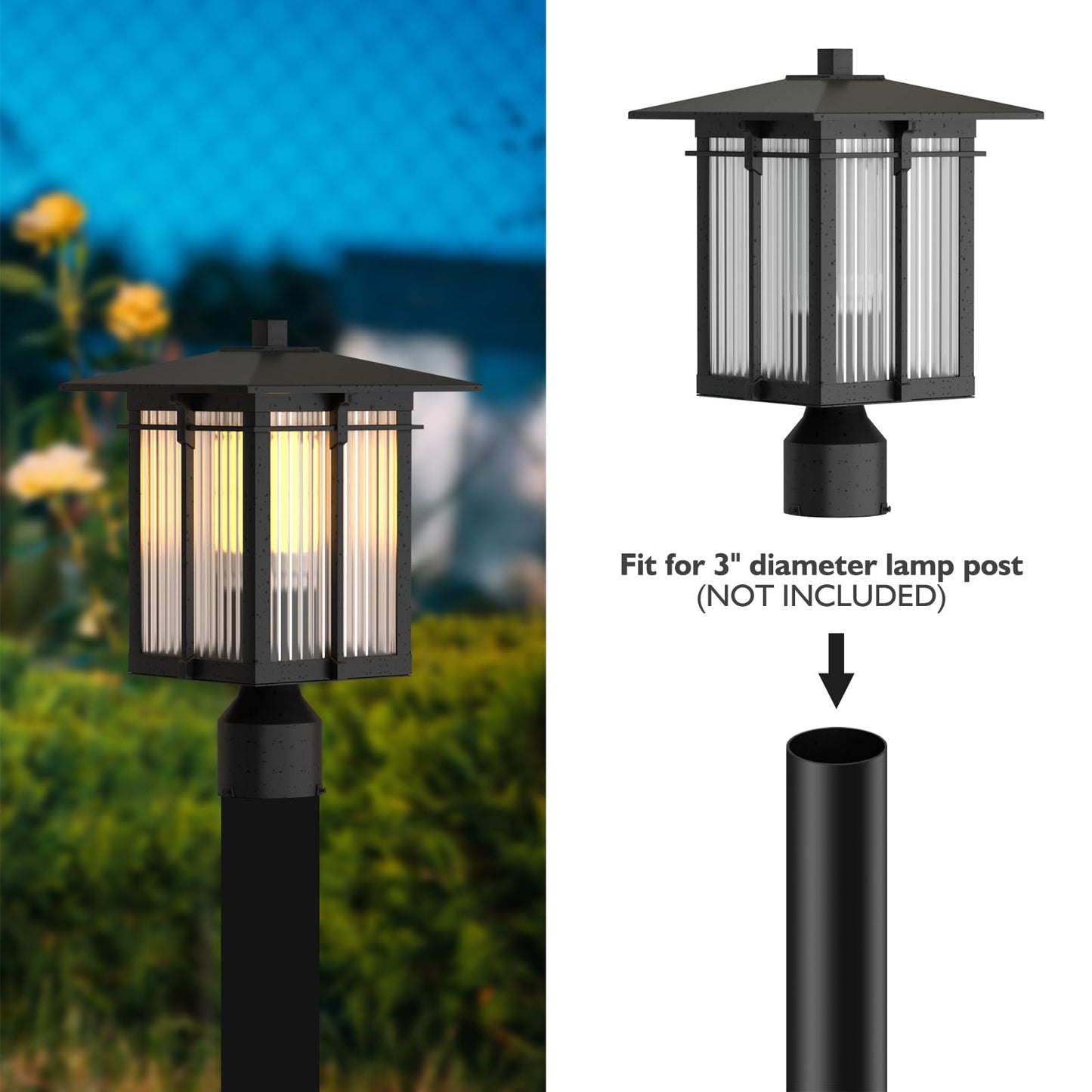 Yoenecea Modern Outdoor Post Light, Aluminum Lamp Post Light Fixture with Ribbed Glass, Soptted Black Outside Pole Lighting with 3-Inch Pier Mount