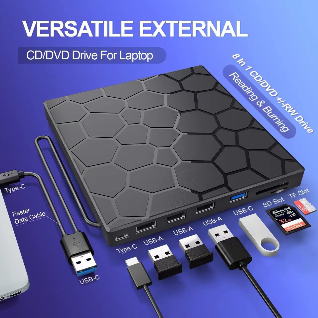 BPAKDU External CD/DVD Drive for Laptop, DVD Player for Laptop with Carrying Case, 8 in 1 USB 3.0 Ultra-Slim Portable, CD Burner External Optical