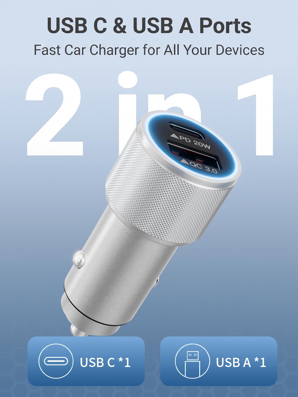 iPhone 17/16/15 Car Charger Fast Charging 2-Port Cigarette Lighter USB Charger,Dual USBA and USB C Car Adapter 2Pack Compatible with iPhone 17e/17