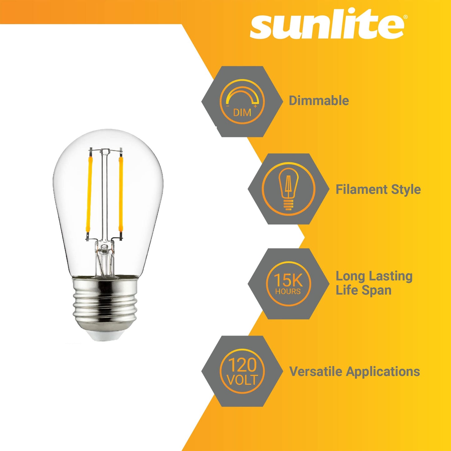 Sunlite 41655-SU LED S14 Filament Style String Light Bulb, UL Listed, 2 Watts (25W Equivalent), 200 Lumens, Medium Base (E26), Dimmable, Clear Glass