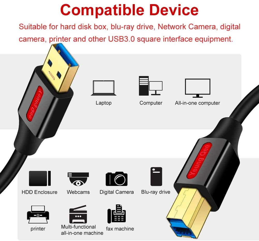 Yeung Qee USB 3.0 Cable A Male to B Male 1 ft,Superspeed USB 3.0 Type A to B Cable Compatible with Printers,Docking Station,External Hard