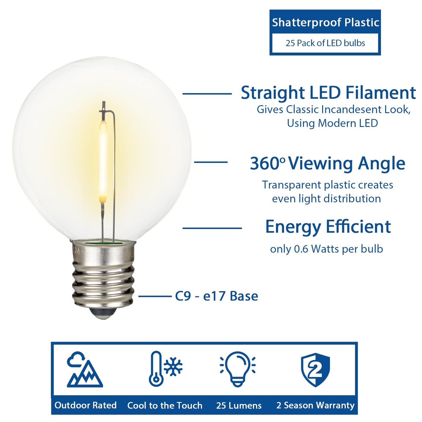 Novelty Lights 25 Pack Warm White G50 LED Filament String Light Bulbs