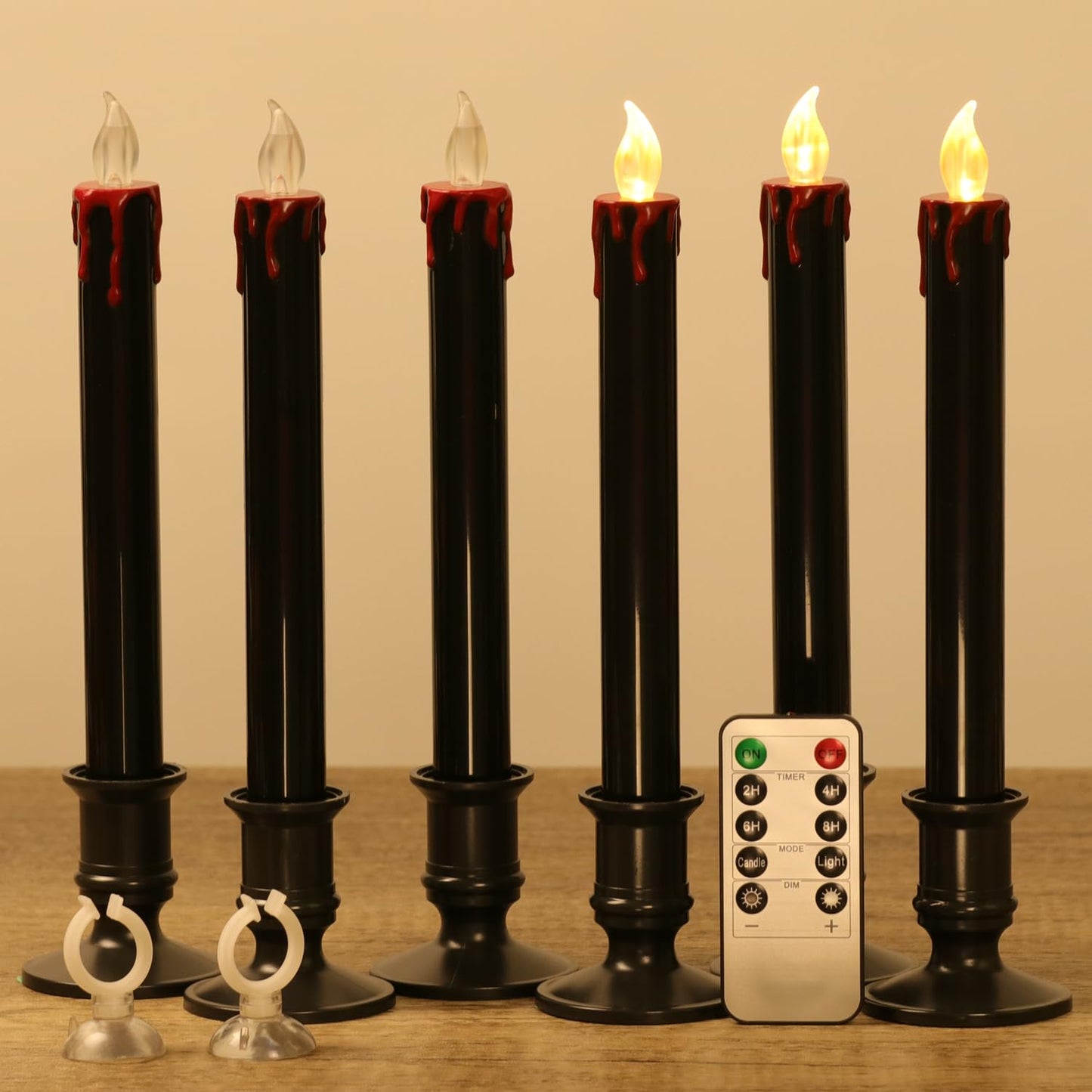 OWLBAY 6 Pack 9" H Christmas Black Flameless Taper Candles with Remote Timer, Bloody Battery Operated Flickering LED Candlestick with Removable Black