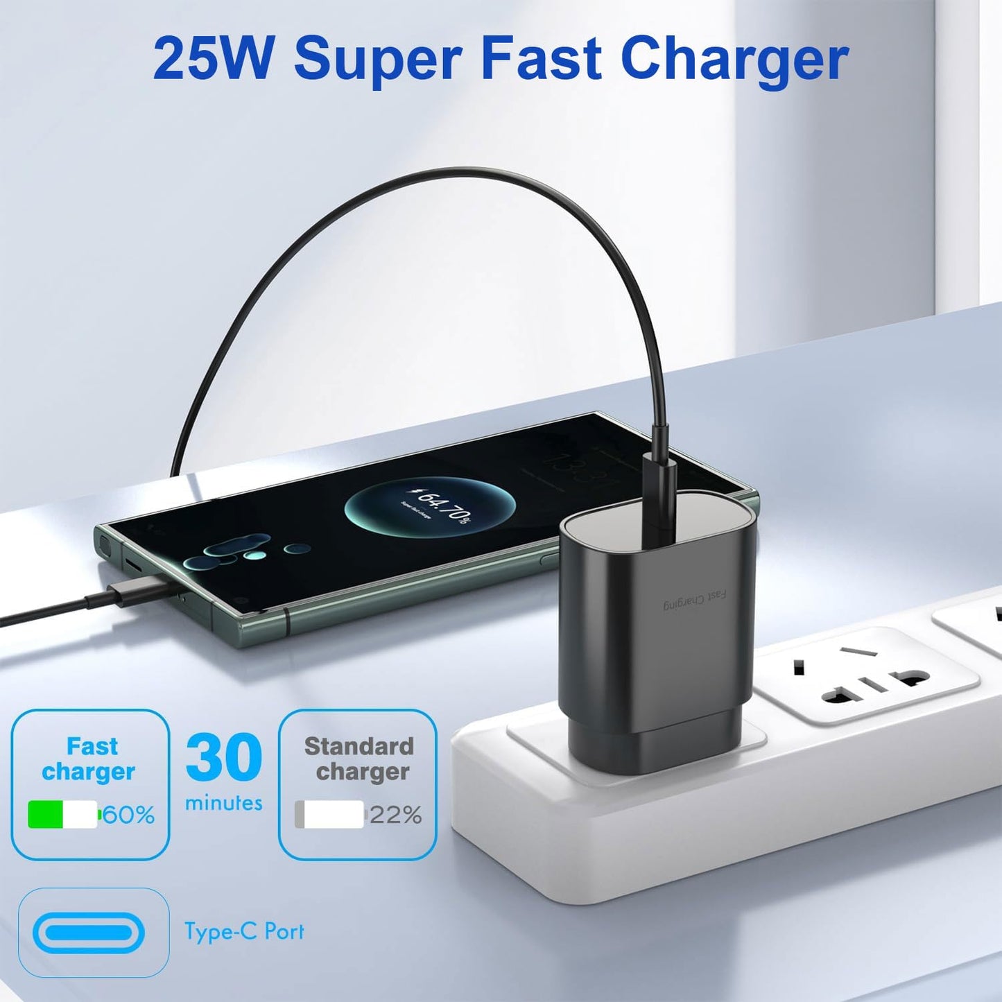 Fast Charger 3-Pack 25W Type C Charging Block with 6ft USB C Charger Cable 3Pack Compatible with Samsung Galaxy S25 Ultra/S25/S25+/S24+/S24