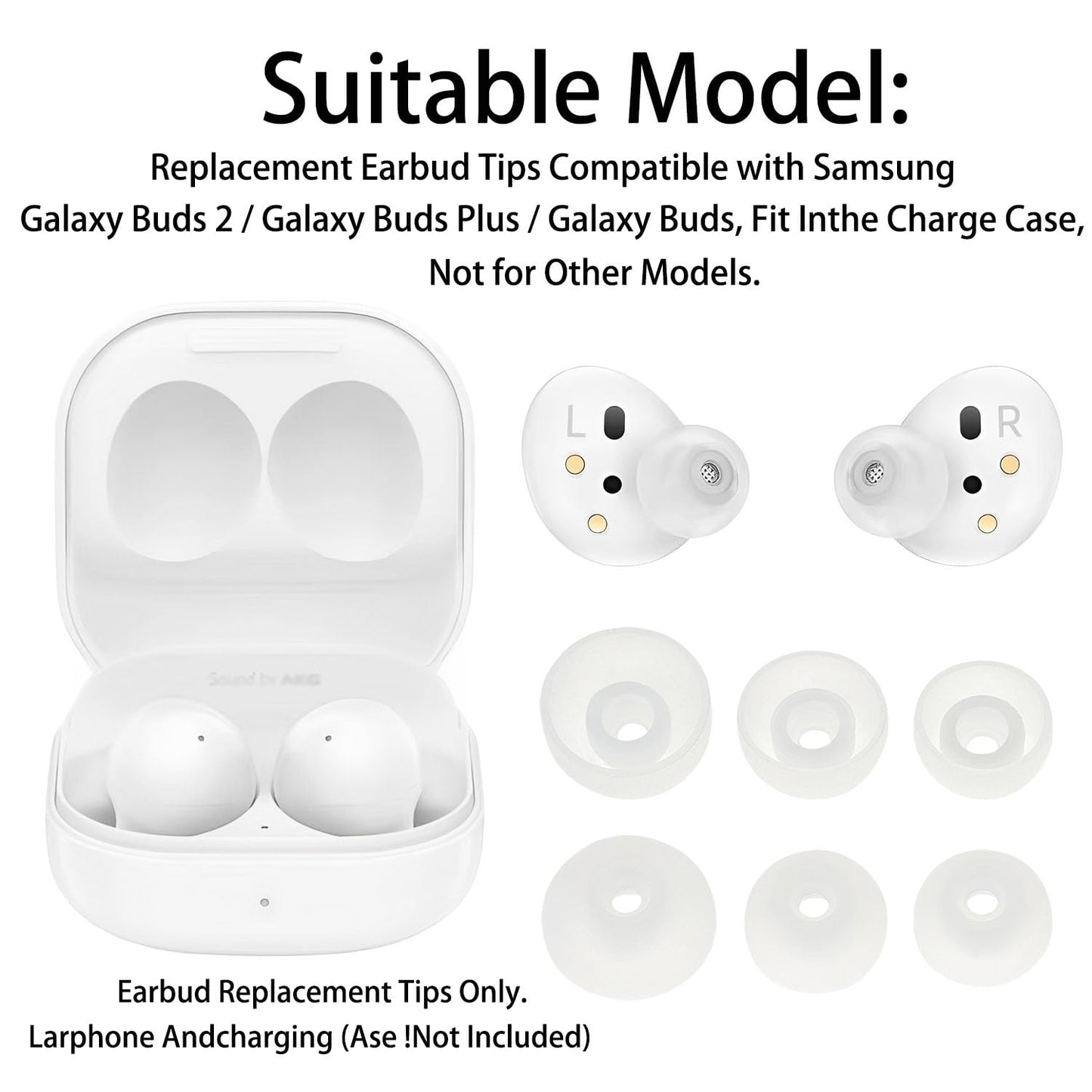 DMZHY Earbud Tips 6 Pairs Galaxy Buds 2 & Plus Compatible, Silicone, White, 3 Sizes, Includes Storage Box & Cleaning Cloth