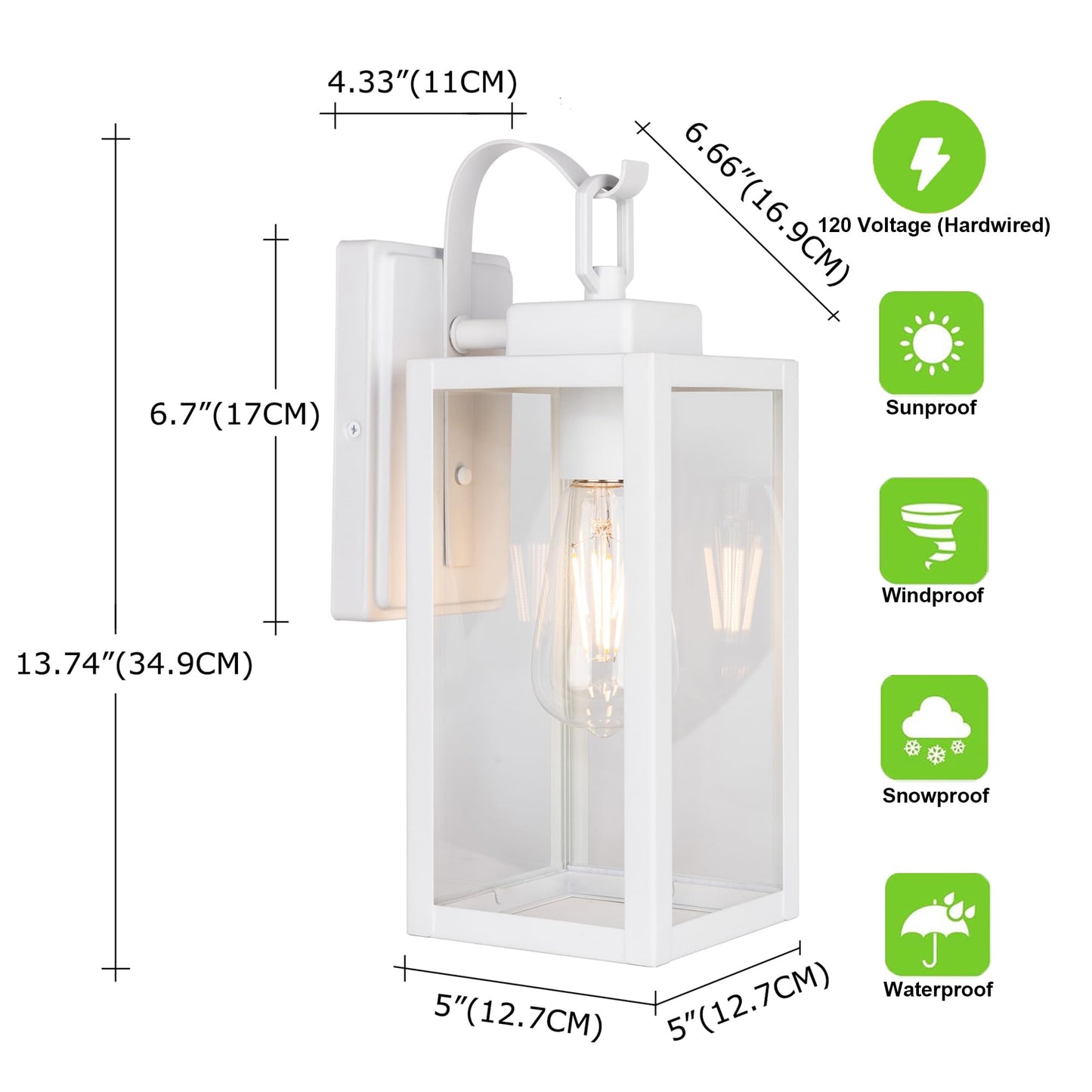 GRUENLICH Outdoor Wall Lantern, Wall Sconce for Porch Lighting Fixture, E26 Base Max 60W, Metal Housing Plus Glass, White Finish, Bulb Not Included