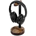 MyGift Deluxe Urban Matte Black Metal Headphone Stand with Rustic Solid Wood Base, Desktop Office Gaming Headset Holder Pedestal Display Rack