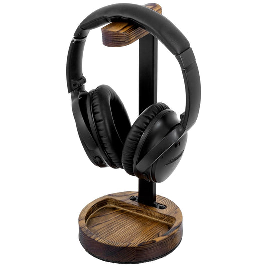 MyGift Deluxe Urban Matte Black Metal Headphone Stand with Rustic Solid Wood Base, Desktop Office Gaming Headset Holder Pedestal Display Rack