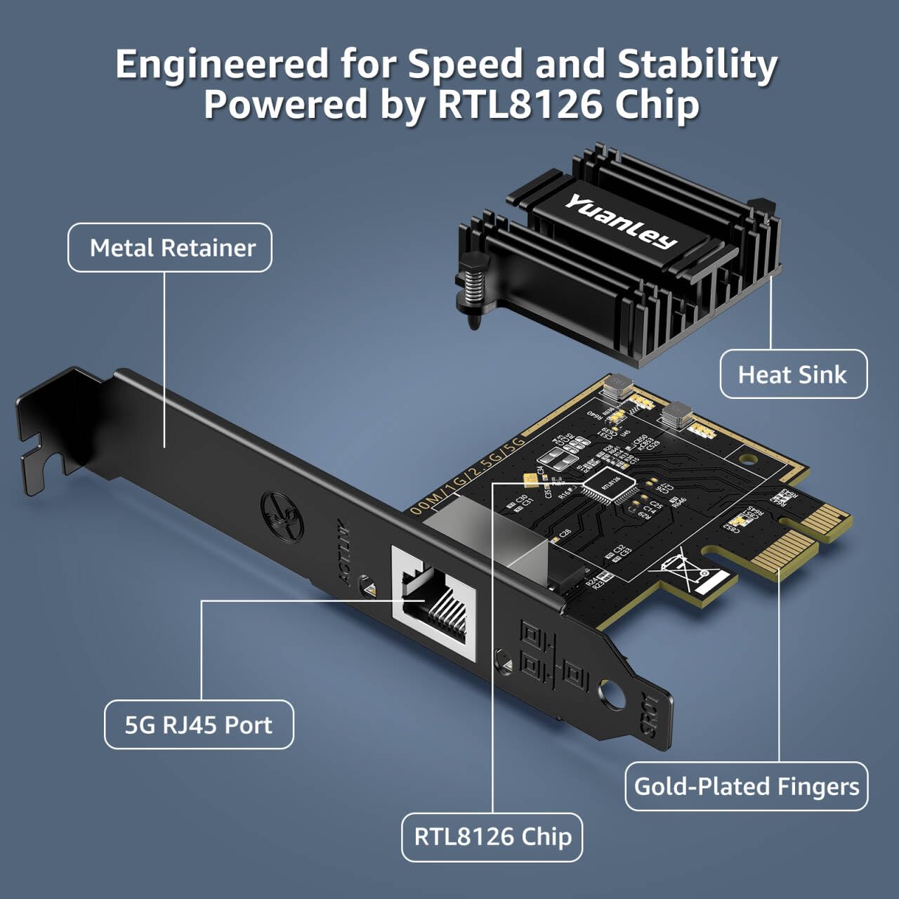 5Gb PCIe Network Card, YuanLey 5G Base-T PCI Express Ethernet Adapter with RTL8126, Support WOL, 5G/2.5G/1G/100Mbps NIC Card RJ45 Port for PC