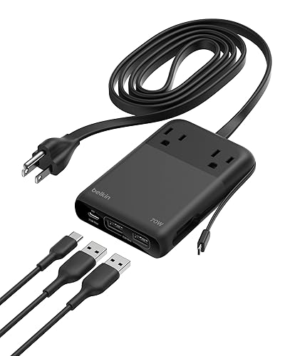 Belkin Travel Power Strip 70W, 6-in-1 GaN Charging Station USB C Charger w/ 2 AC Outlets, 2 USB A Ports, Integrated USB C Cable - Power Strip