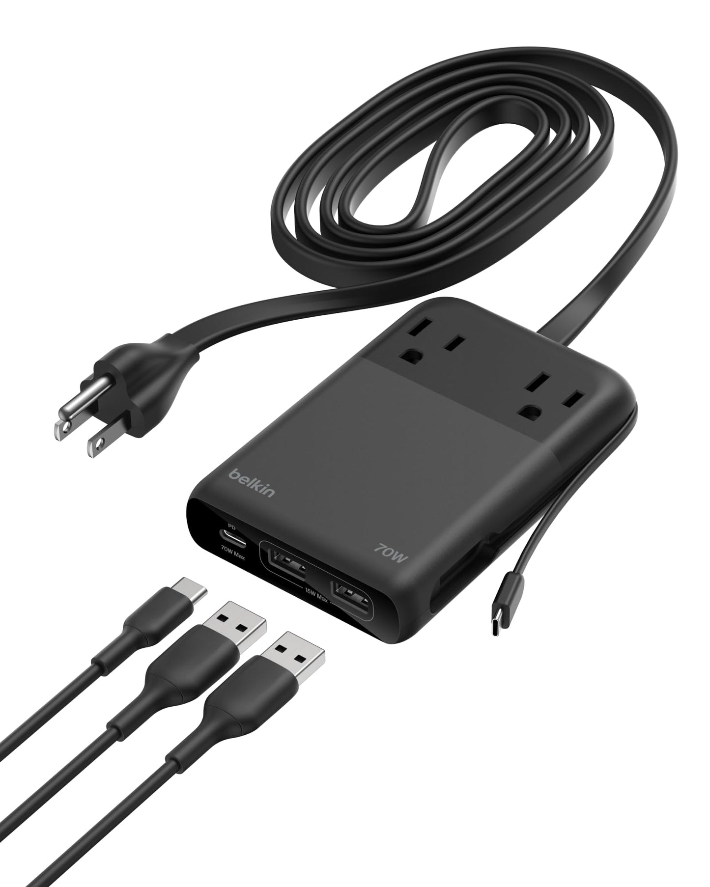Belkin Travel Power Strip 70W, 6-in-1 GaN Charging Station USB C Charger w/ 2 AC Outlets, 2 USB A Ports, Integrated USB C Cable - Power Strip