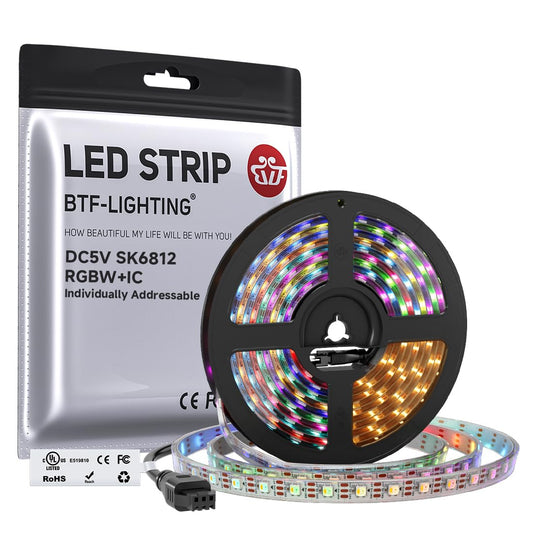BTF-LIGHTING RGBW RGB+Warm White SK6812 (Similar WS2812B) 4 Colors in 1 LED Strip Individually Addressable 16.4ft 60Pixel/m 300LED UL Listed IP67 DC5V