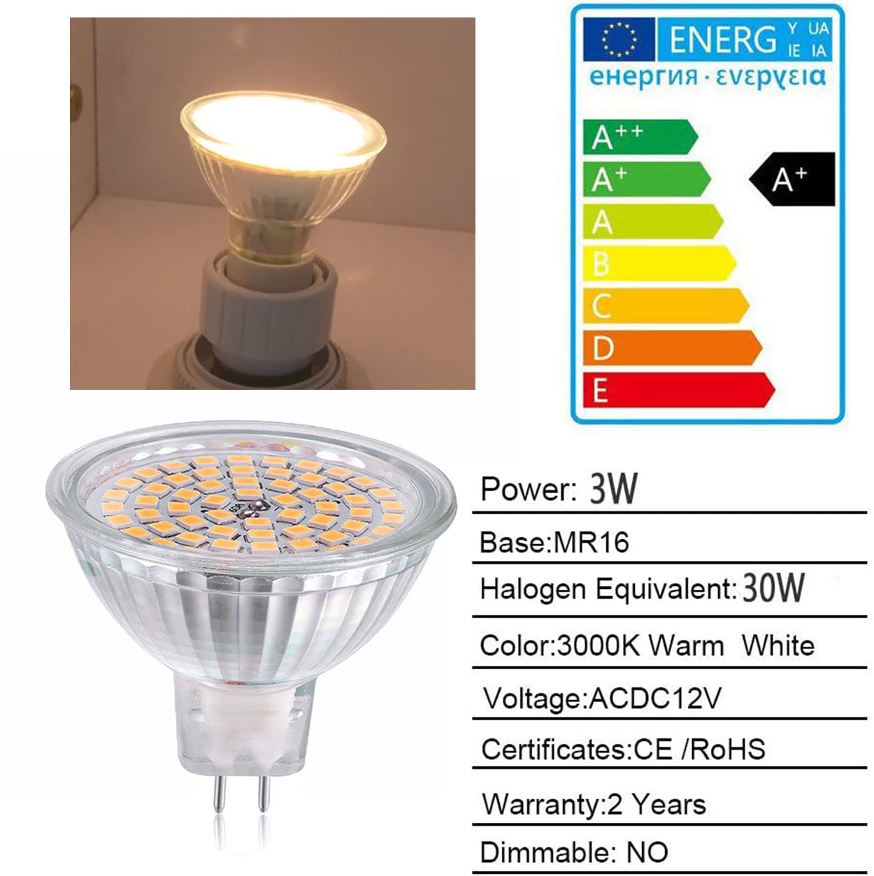 MR16 LED Light Bulbs(4 Pack)-380lm 60LEDs 2835 SMD 3W AC/DC 12V 3000K Warm White,30W Halogen Bulb Equivalent,GU5.3 Bi-Pin Base,Not Dimmable,