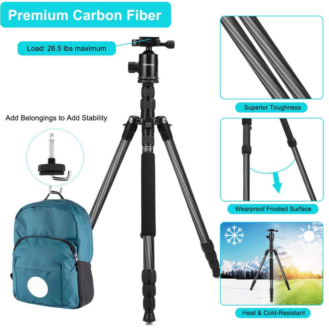 JOILCAN 81" Carbon Fiber Camera Tripod,Professional Tripod Monopod with 360 Degree Ball Head and Carrying Case for Travel and Work Load up to 35Ibs