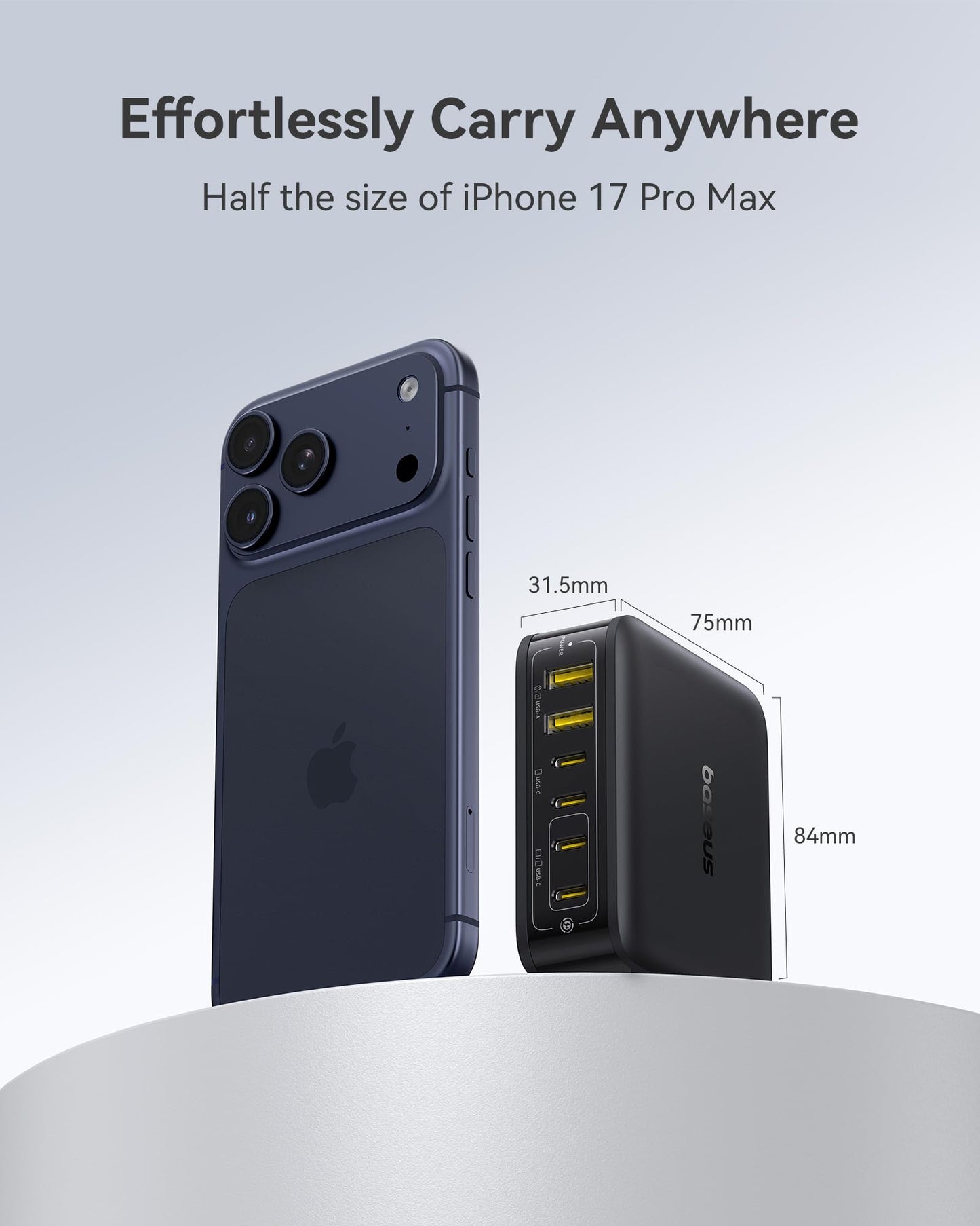Baseus Charging Station 120W, 6-in-1 USB-C PD Fast Charging Desktop Charger with 5ft Extension Cord, 4 USB C, 2 USB A Ports, Travel Power Strip