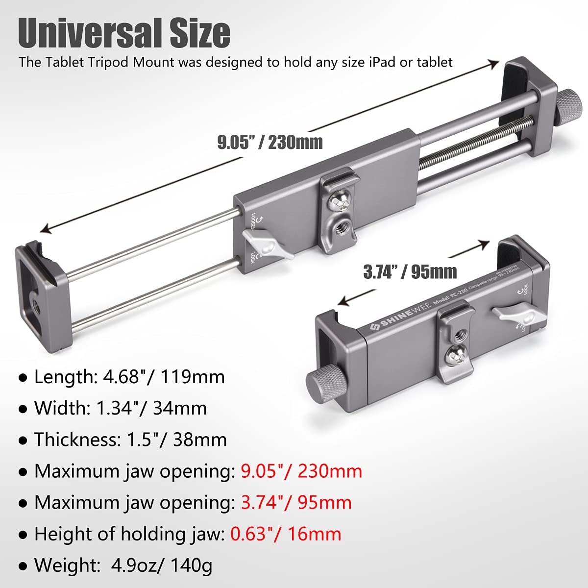SHINEWEE Full Metal Tablet Tripod Holder - Compatible with iPad mini/Air/Pro | 1/4" Screw & Arca-Swiss Dovetail Mounts | Universal Tablet Clamp