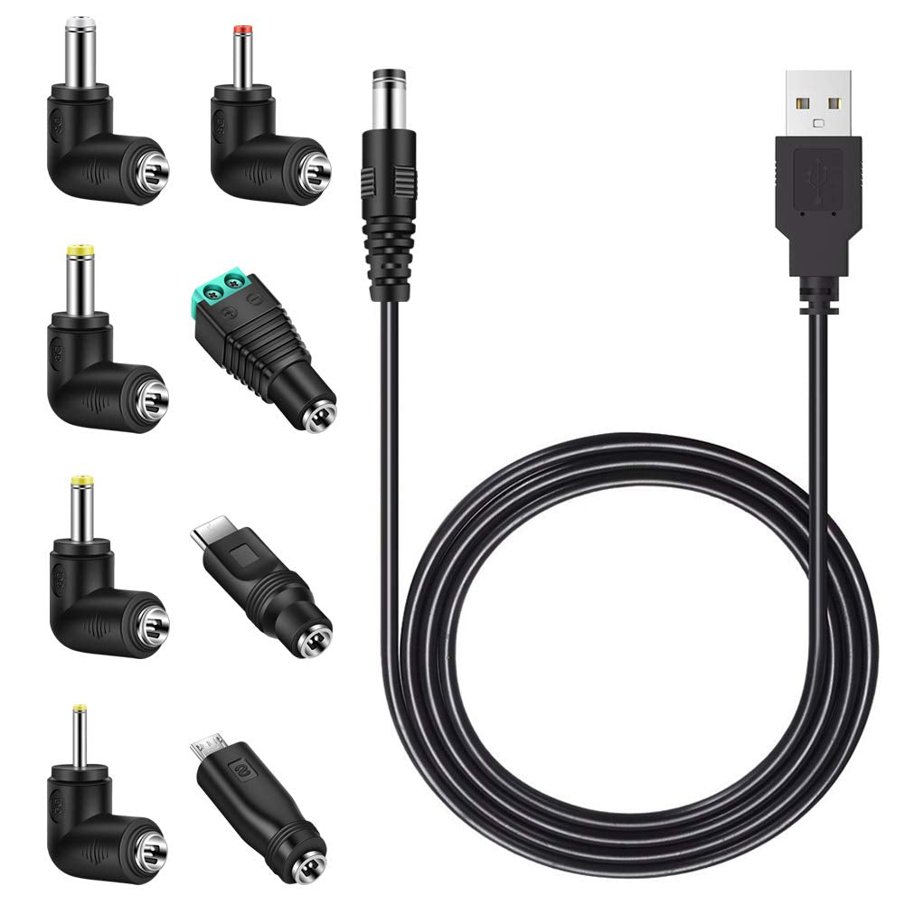 MEROM Universal 5V DC Power Cable, USB to DC 5.5x2.1mm Charging Cord Plug with 8 Connector Tips(5.5x2.5, 4.8x1.7, 4.0x1.7, 3.5x1.35, 2.5x0.7, Micro