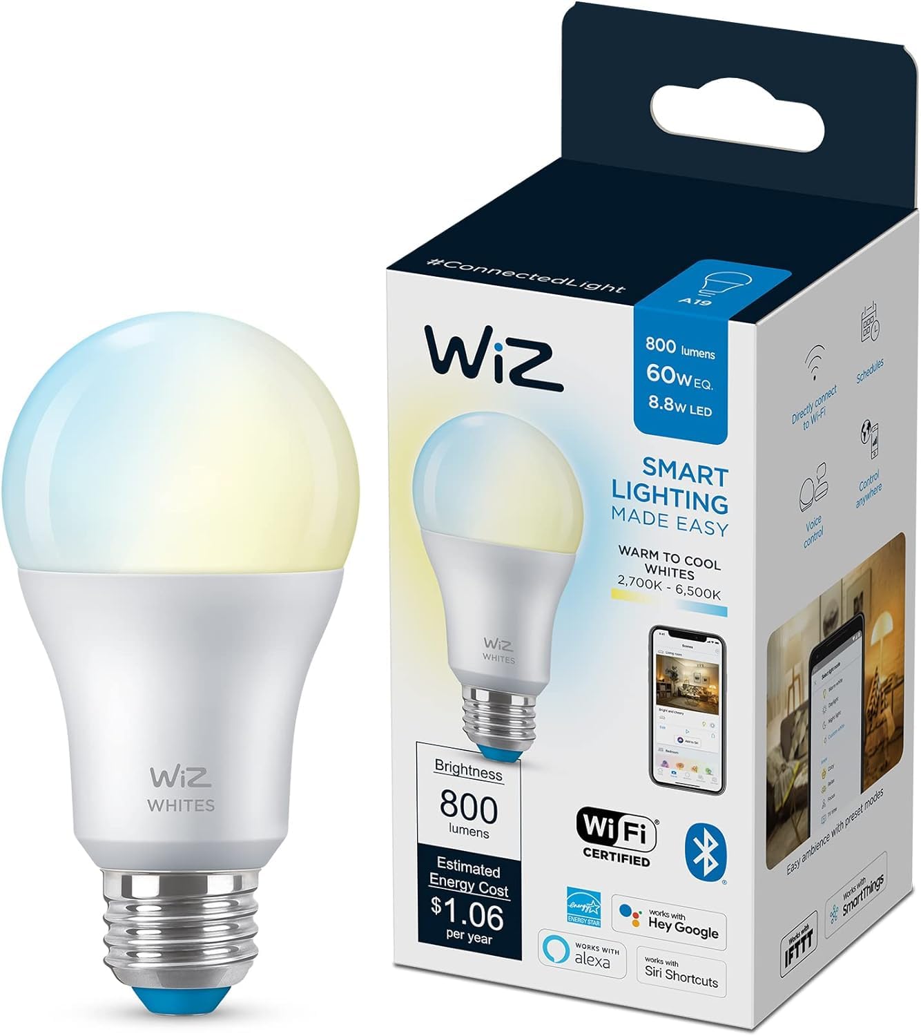 WiZ 60W A19 Tunable White LED Smart Bulb - Pack of 6 - E26- Indoor - Connects to Your Existing Wi-Fi - Control with Voice or App + Activate