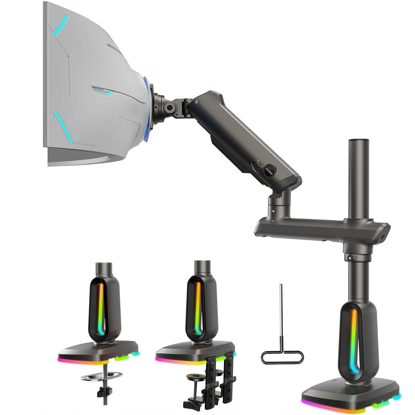 HUANUO RGB Heavy Duty Monitor Arm for Ultrawide Screens up to 57", Holds 44 lbs, Tall Ultrawide Monitor Stand with 29.1" Max Height, Fully Adjustable