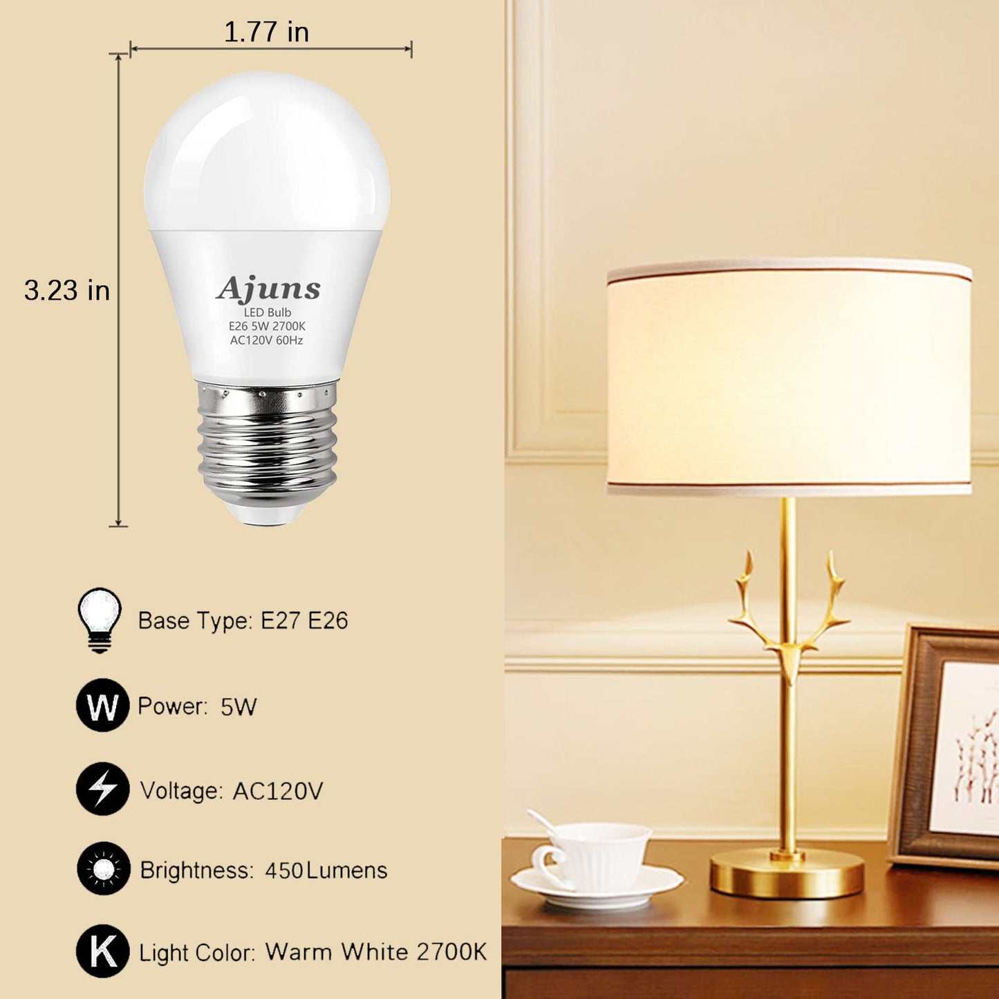 Ajuns LED Bulb 5W Equivalent 40W 120V Light Bulb Ceiling Fan Light Bulbs, Warm White 2700K A15 LED Energy Saving Bulb, E26 Base Not Dimmable 4 Pack