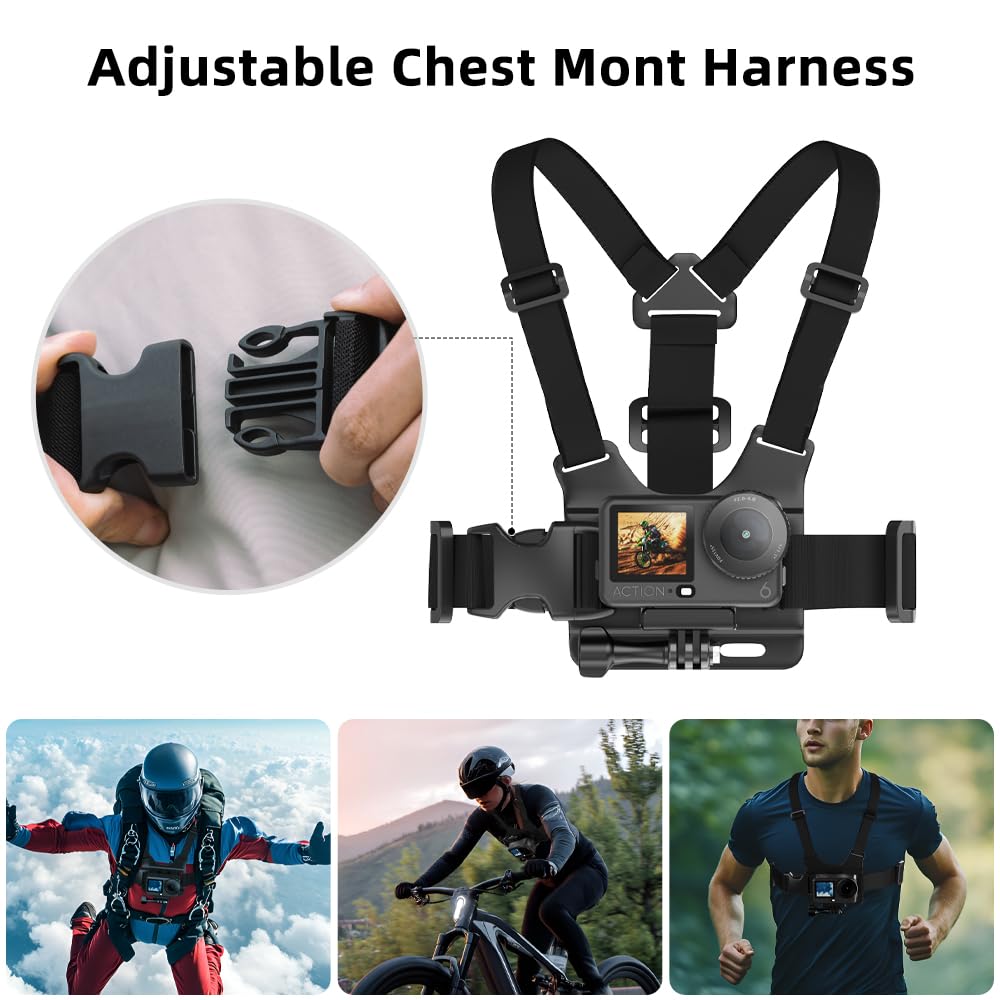 SUREWO 4 in 1 Accessories Set for DJI Action 6/5Pro/4/3/2,Chest Mount Harness/Head Strap Mount/ 360°Rotating Wrist Strap/360° Rotation Quick Clip