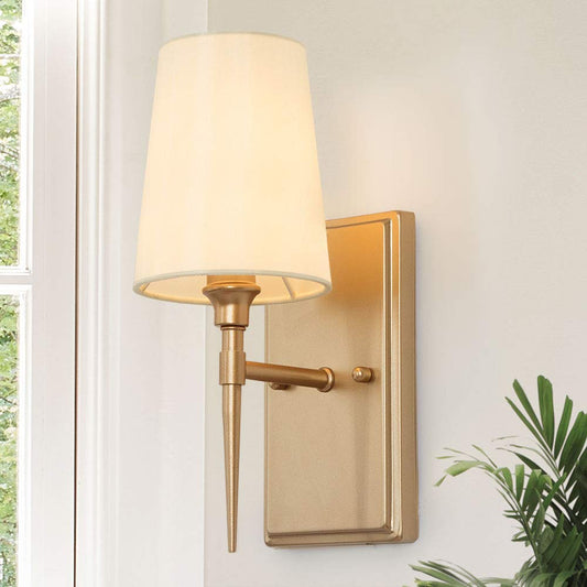 classy leaves Sconces Wall Lighting Fixture, 1 Light Gold Bathroom Light Fixtures with White Fabric Shade, Modern Gold Wall Sconce for Bathroom