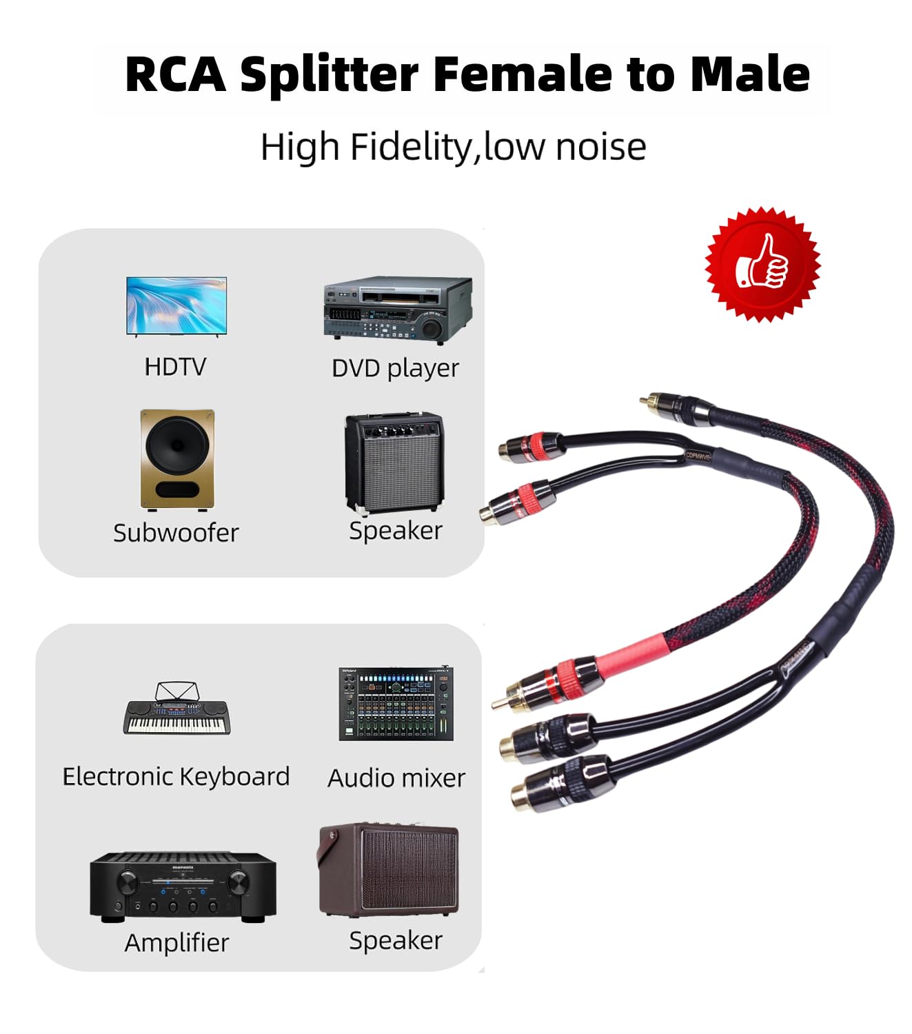 CDPMWVC 1ft RCA Y Splitter Cable 1 Male to 2 Female, Gold Plated Shielded Audio Cable for Subwoofer, Amplifier and Home Theater (2-Pack)