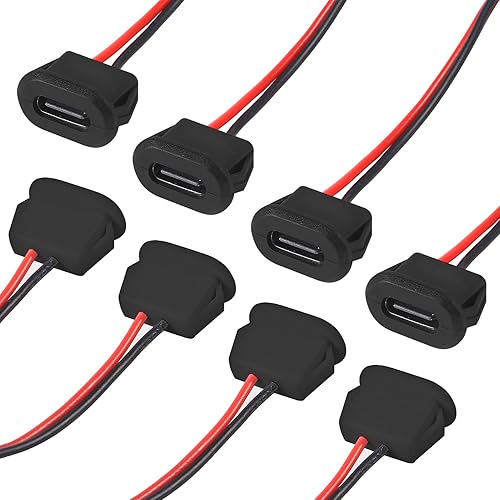 XIITIA 8pcs Type-C Female Chassis Waterproof 2P Solder Wire Type USB C Pigtail Cable Extension Power Cable USB-C Plug to 2 Pin Bare Wire Open End