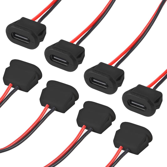 XIITIA 8pcs Type-C Female Chassis Waterproof 2P Solder Wire Type USB C Pigtail Cable Extension Power Cable USB-C Plug to 2 Pin Bare Wire Open End