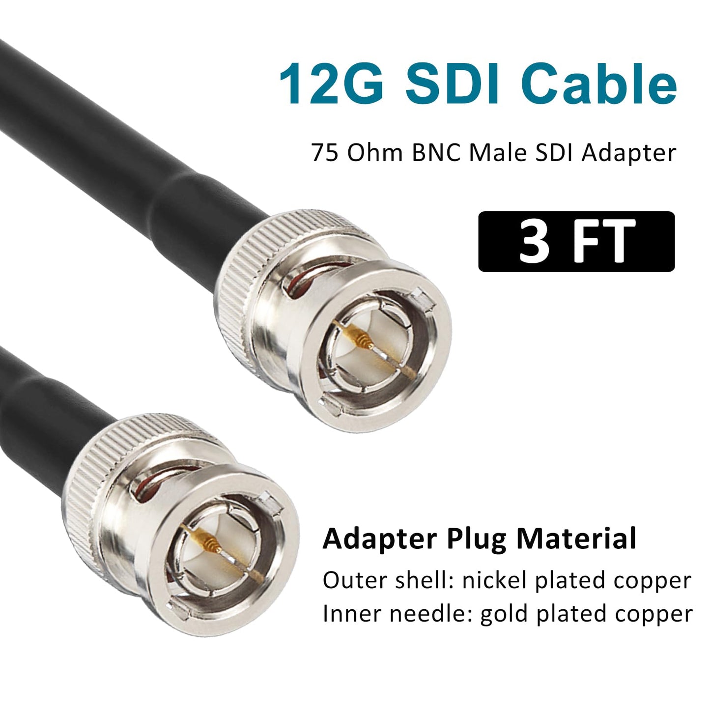 XRDS -RF 12G SDI Cable 3FT, SDI Video Cable 3G/6G/12G 75ohm BNC Male Cable Supports HD-SDI/3G/6G-SDI/4K for Video Security Camera SDI Converter, Black