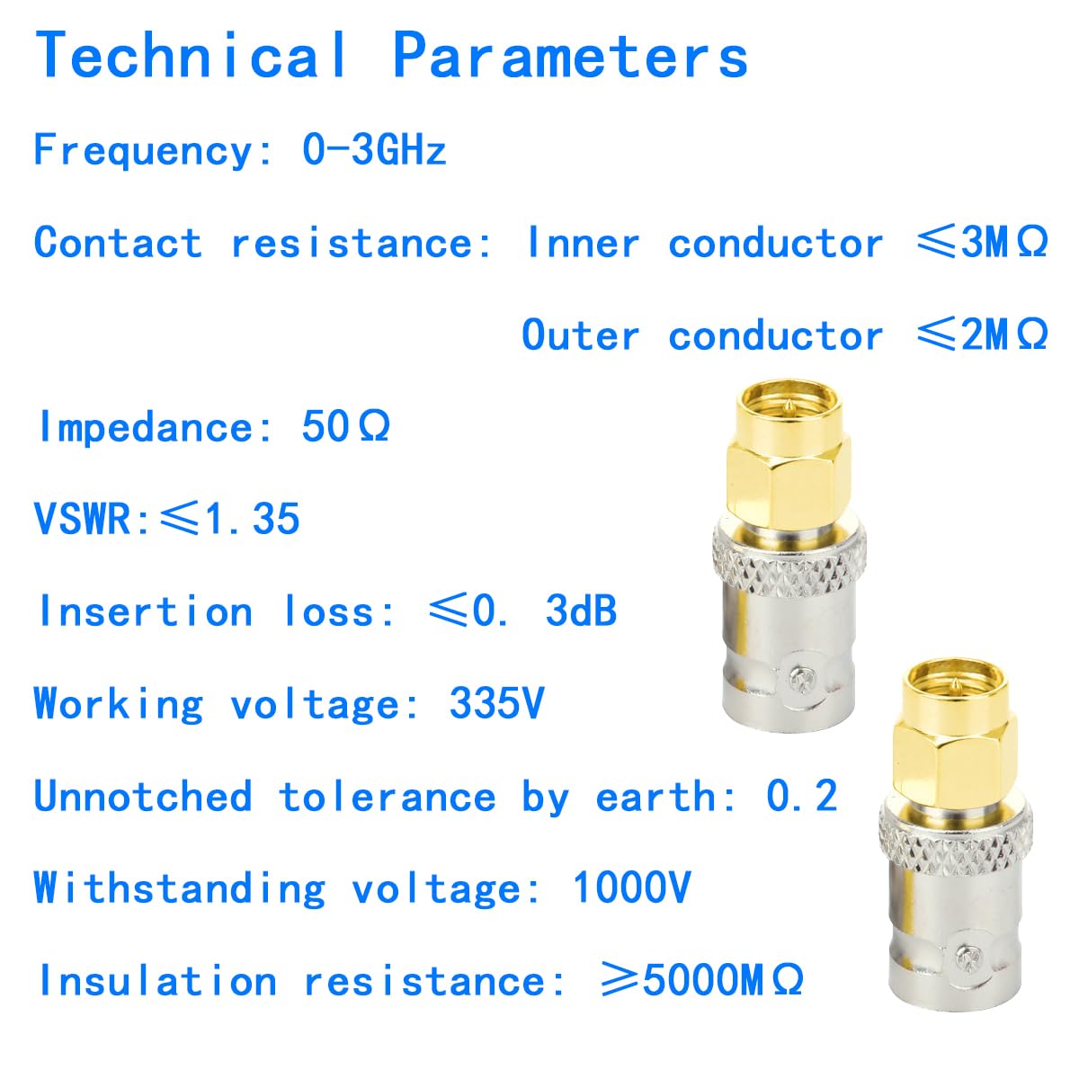 BNC Female to SMA Male RF Adapter, 0-3GHz, 50 Ohm Impedance, 2-Pack
