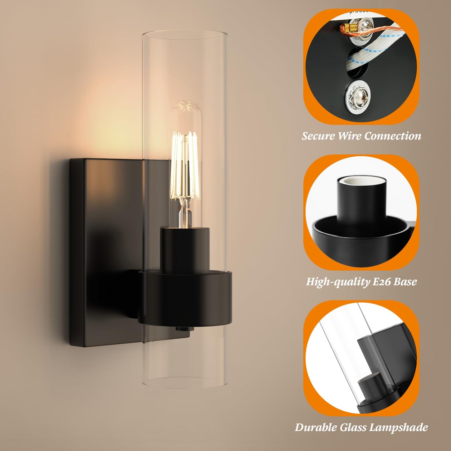 Zevluck 1-Light Wall Sconce, Matte Black Bathroom Vanity Light with Cylinder Clear Glass, Modern Hardwired Vanity Wall Lamps for Bathroom, Bedroom